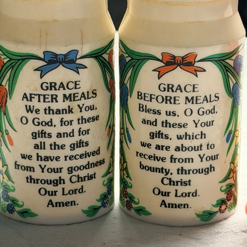 Vtg Grace Prayer Salt & Pepper Shakers Set Of 2 Hong Kong Floral White Kitchen